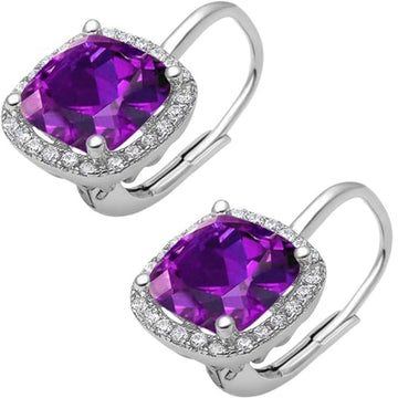 Halo Cushion Leverback Earrings Amethyst CZ 925 Sterling Silver Wholesale